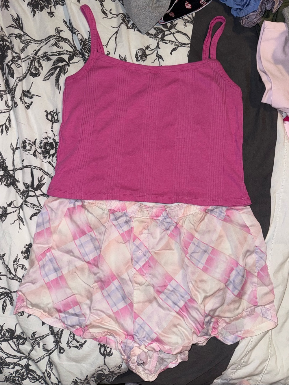 PINK Victoria's Secret Hot Pink Ribbed Tank with Pastel Plaid Shorts